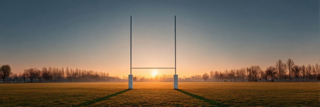 Premium Authentic Rugby Stadium Goal Posts at Sunset on Open Field Inspiring Outdoor Sports Tradition for Young Adults Marketing and Social Media Campaigns