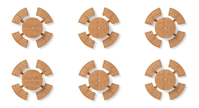 Overhead view of six circular wooden tables and benches