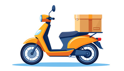 Obraz premium Yellow delivery scooter with a cardboard box on the back, isolated on a white background, representing fast and efficient package delivery service.