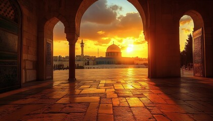 Golden dome of the rock at sunset, viewed through an archway