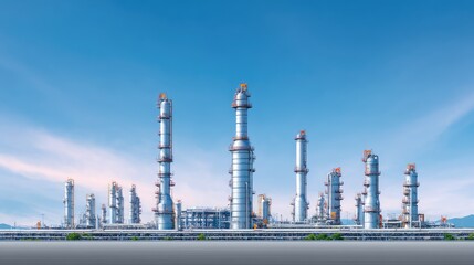 Fototapeta premium Industrial Complex with Tall Chimneys Under Clear Blue Sky at Sunrise, Showcasing Modern Manufacturing and Infrastructure Development