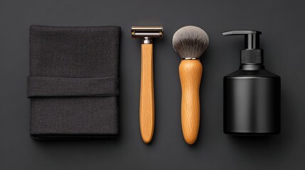 Minimalist grooming essentials with black background, featuring a shaving razor, brush, skincare bottle, and cloth, highlighting elegant design and functionality for modern lifestyles.