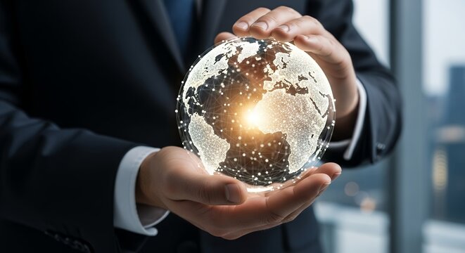 Businessman holding digital world globe in hands with glowing connections, concept for global business network, international communication and worldwide technology solutions