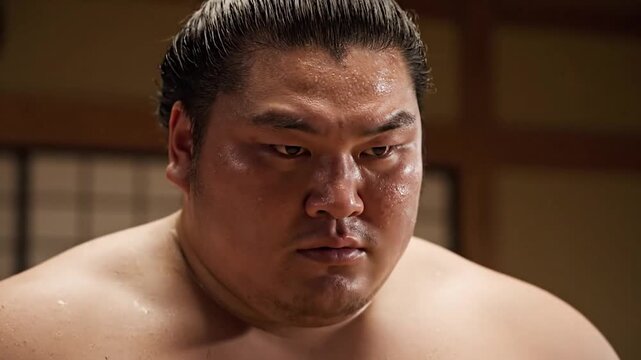 Close up of a sumo wrestlers face with intense focus before a match.