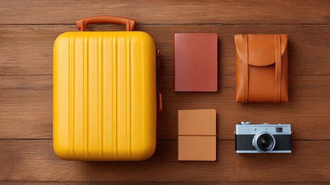 Vibrant Yellow Travel Suitcase with Brown Accessories and Vintage Camera on Wooden Surface for Adventure and Exploration Theme