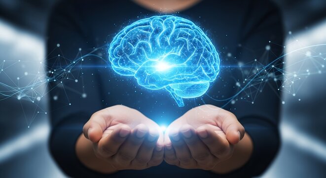 Person holding illuminated brain model with glowing connections in their hands, concept for artificial intelligence, mental health awareness and technological innovation.
