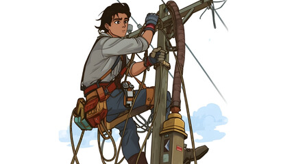 AI-generated illustration of a lineman repairing electrical cables on a utility pole, showing dedication, safety, and professional work outdoors
