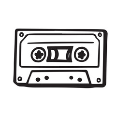 Vector doodle artwork showing a colorful vintage cassette, blending fun sketchy lines with bright tones and retro musical nostalgia aesthetics.