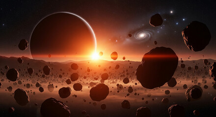 rocks and planets in space with a beautiful view of sunlight