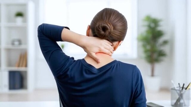 A woman suffering from neck pain or stiffness due to nerve compression or muscle strain, showing discomfort and tension - Generative AI