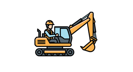 Cartoon Excavator with Operator Wearing Hard Hat.