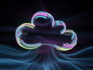 Abstract representation of cloud computing data flow and digital transformation with glowing neon lights and intricate particle effects on a dark background