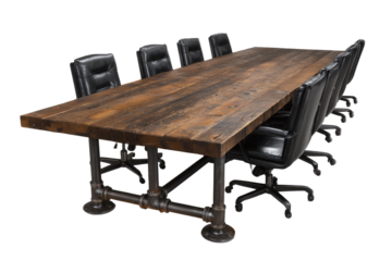 Long wooden conference table with dark metal legs and matching black chairs