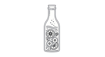 Line Art Drawing of a Bottle with Fruit Slices and Liquid Infusion.