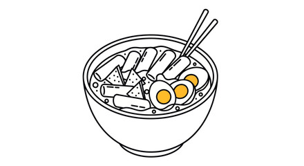 Bowl of Tteokbokki with Eggs and Chopsticks Korean Street Food Illustration.