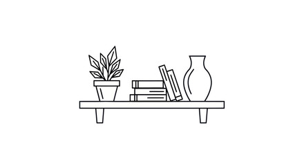 Simple Line Drawing of a Bookshelf with Plant and Vase.