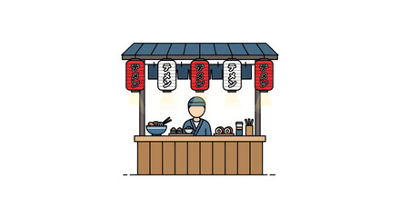 Japanese Ramen Stall with Chef and Lanterns Traditional Food Vendor Illustration.