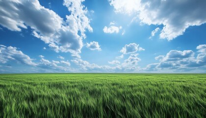 Obraz premium Vibrant green field under a bright blue sky with fluffy white clouds