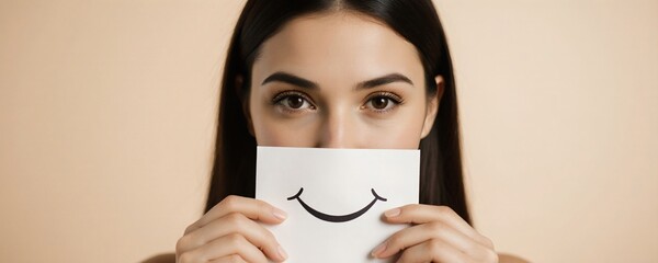 Studio Portrait Shot with Woman Holding Smile Sign in Soft Light
