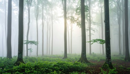 Mystical Misty Forest with Lush Green Understory