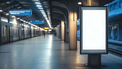 Blank billboard advertisement in modern train station