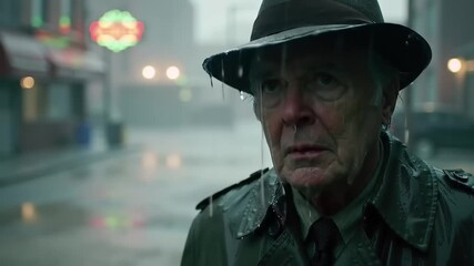 Senior man in hat outdoors in rain weather portrait cinematic