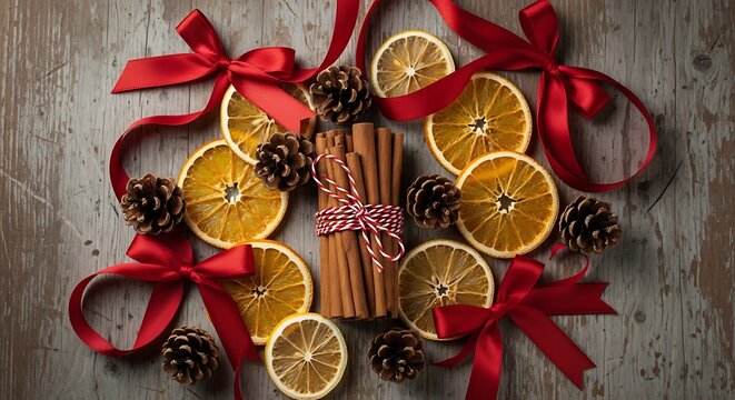 A festive arrangement of dried orange slices, pinecones, and cinnamon sticks tied with twine, adorned with red ribbons on a rustic wooden surface. - Powered by Adobe