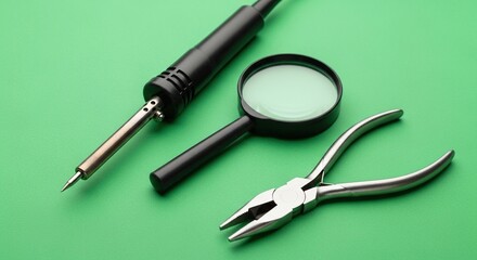 Essential Electronics Repair Kit: Soldering Iron, Magnifier, and Pliers on a Clean Green Background.