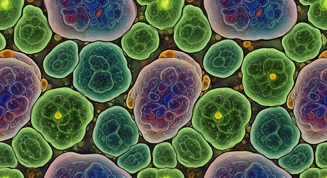 Microscopic view shows irregular cell shapes with colorful membrane details and internal structure, concept for biology research, medical illustration and cellular biology background
