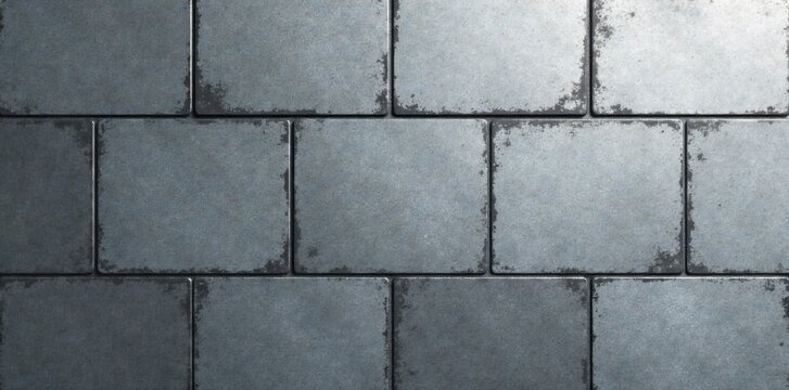 Industrial Metal Tiles with Brushed Texture and Subtle Grayscale Tones A close up perspective of industrial metal tiles with a brushed finish. The tiles are arranged in a clean, regular grid pattern.
