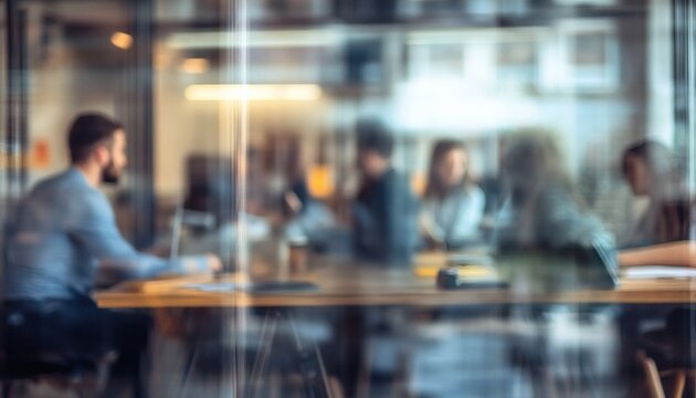 Blurry view of a team collaborating in a modern office space