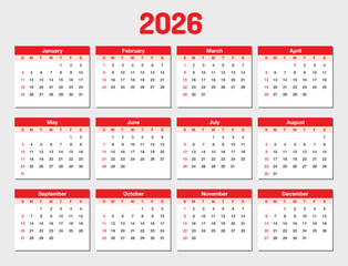 2026 Calendar Landscape Layout Calendar printable with Grey background and Red. Week Start on Sunday