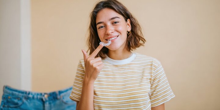 Confident Young Woman Holding Invisible Aligner Modern Cosmetic Dentistry Concept for Premium Healthcare Marketing and Social Media Campaigns