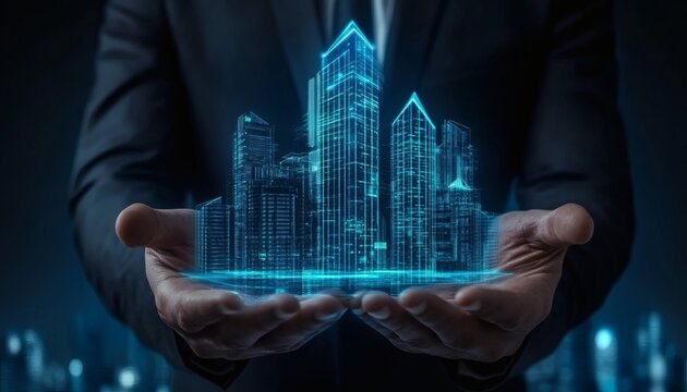 Digital city model in businessman's hands, futuristic urban development concept - Powered by Adobe