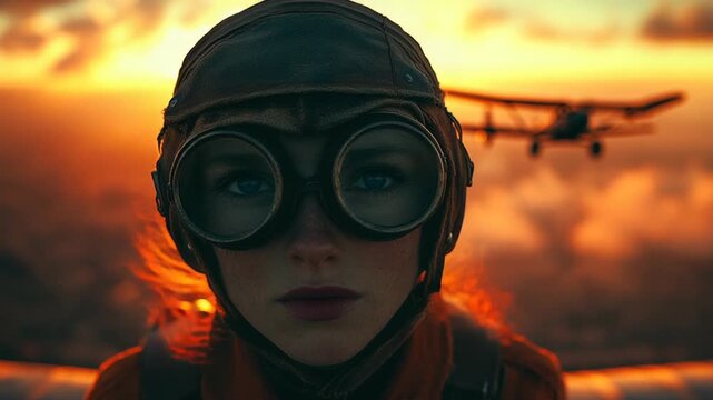 Vintage pilot in sunset sky with biplane backdrop