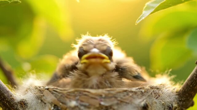 Close-up of a fledgling bird in its nest, bathed in warm sunlight, surrounded by green foliage