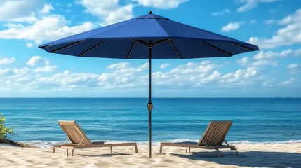 Obraz premium Beach scene with umbrella and chairs. Sunny day. Relaxation. Vacation
