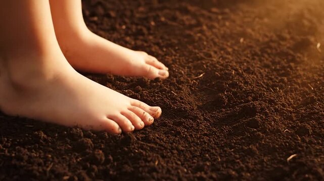 Close up of childs bare feet walking on rich dark soil in warm sunlight.