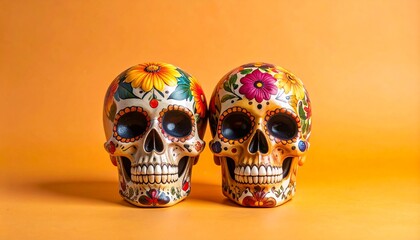 Generated imageTwo vibrant Día de los Muertos skulls side by side on orange background — intricately painted with floral motifs and vivid colors, symbolizing Mexican traditions of honoring the dead.