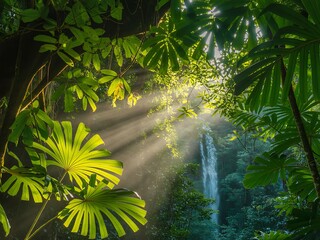 Sunlight filtering through lush green jungle foliage illuminating a hidden waterfall with shimmering dust particles in the air creating a magical serene forest atmosphere