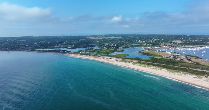 New Shoreham, RI, USA 08-16-2025: Aerial video over Scotch Beach, New Shoreham, Block Island, Rhode Island