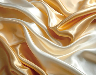 Close-up of luxurious golden and champagne silk fabric draped with elegant folds and a smooth, shiny texture.