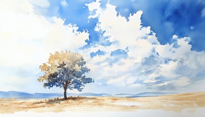 Lonely tree standing in a field under a bright blue sky with fluffy white clouds
