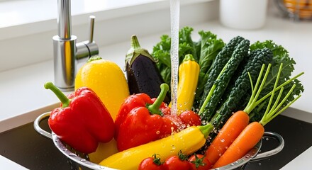 Vibrant fresh vegetables under running water in a modern kitchen for healthy meal prep