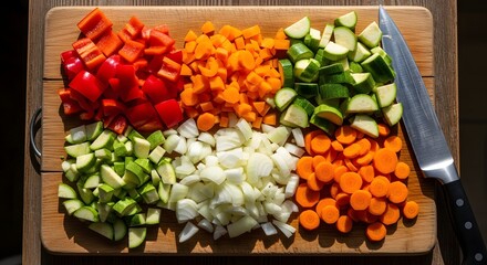 Freshly chopped colorful vegetables ready for a delicious, healthy meal preparation