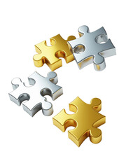 Floating Metallic Puzzle Pieces in White Space