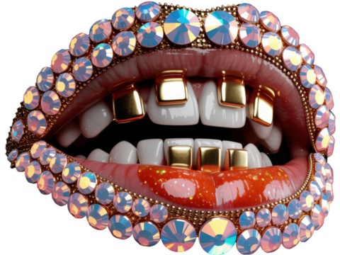 Macro Shot of Crystal-Adorned Lips in Iridescent Sparkle