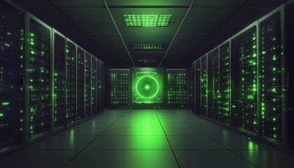 A futuristic server room with glowing green lights