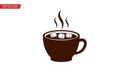Steaming Dark Brown Coffee Cup Icon with White Marshmallows.