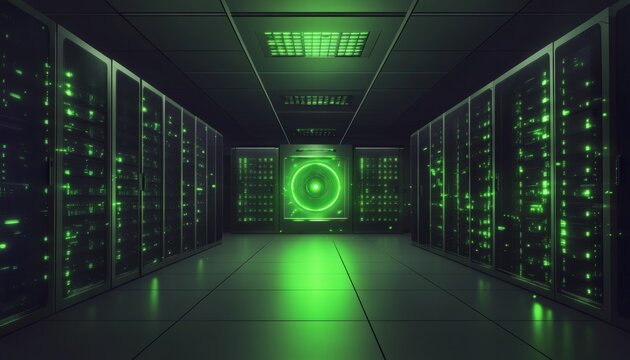 A futuristic server room with glowing green lights